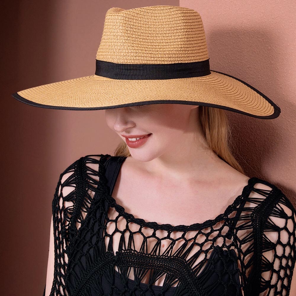 Tan and Black Wide Brim Straw Sun Hat
